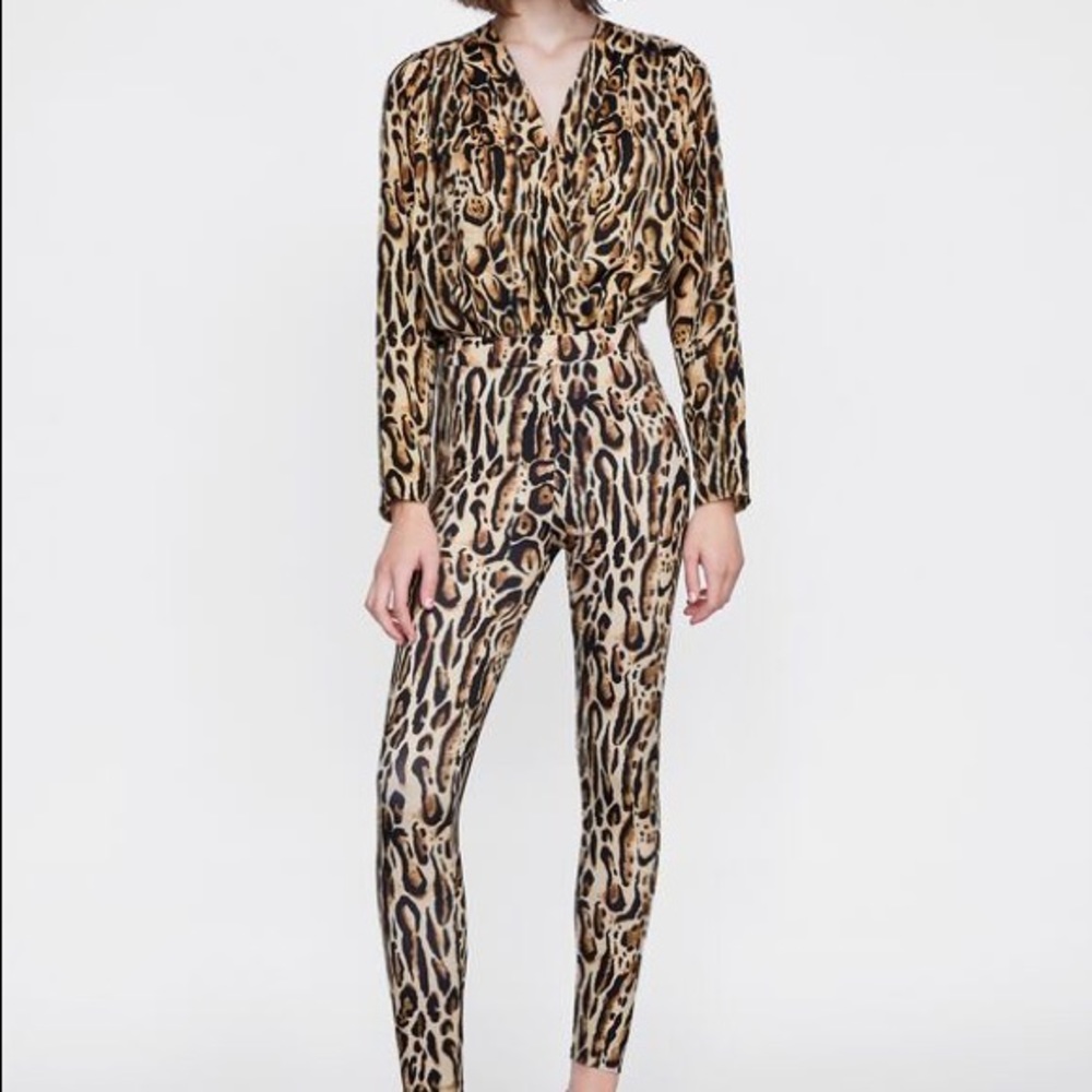 Zara matching animal print body suit and legging.